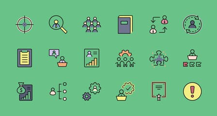 Set of People Management Related Vector Line Icons. Contains such Icons as Target, Puzzle, Certificate, Personal data processing, Task Manager, Qualification, Head Hunting and more. Editable Stroke