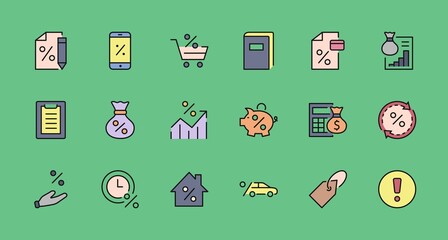 Set of Credit and Loan Related Vector Line Icons. Contains such Icons as Credit Card, Rate Calculator, Deposit and more. Editable Stroke. 320x320 Pixel Perfect
