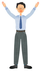 両手を挙げて笑顔でバンザイをするスーツ姿のメガネの男性

