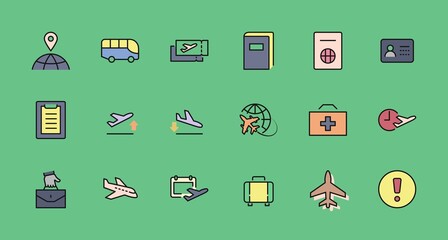 Set of Airport Related Vector Line Icons. Contains such Icons as Globe, Departure, Plane, Bus, Tickets, Baggage Claim, Calendar, Kit and more. Editable Stroke. 32x32 Pixels.