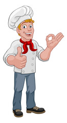 A chef cook or baker man cartoon character giving a thumbs up and perfect okay chefs hand sign