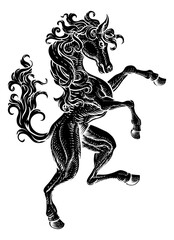 A horse rearing rampant on its hind legs in a coat of arms crest woodcut style