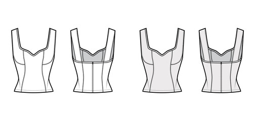 Paneled corset-style top technical fashion illustration with Jewel neckline, close fit, back concealed zip fastening. Flat apparel template front, back, white grey color. Women unisex shirt CAD mockup