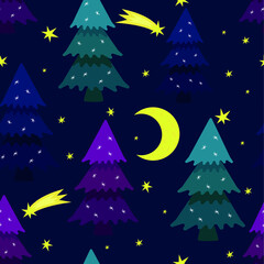 Night forest seamless pattern, with fir trees in snowflakes, starry sky, kamet and moon, vector illustration