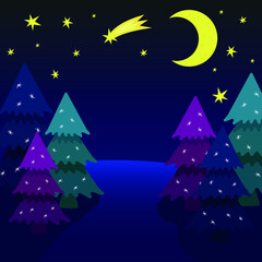 Template night glade in the forest, with fir trees in snowflakes, starry sky, camet and moon, place for text, vector illustration