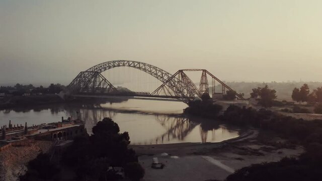 View Of Lansdowne And Ayub Bridge Over Indus River During Evening Light. Aerial Wide Angle