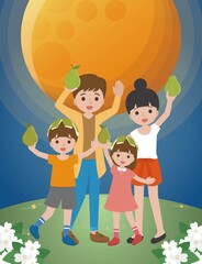 Mid-autumn festival with grapefruit, the family is very happy on the grass
