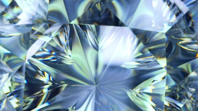 Close up of the faces of a rotating diamond showing the refraction and dispersion effects. 3D Rendered CGI (Computer Generated Image)