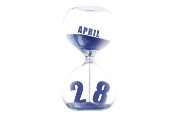april 28th. Day 28 of month,Hour glass and calendar concept. Sand glass on white background with calendar month and date. schedule and deadline spring month, day of the year concept