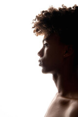 Black man silhouette. Masculine power. Profile portrait of african guy isolated on white copy space. Ethnic hairstyle. Human confidence. Aesthetic cosmetology © golubovy