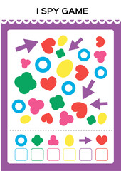 I spy game. Find and Count shapes for toddlers. Counting activity for kids. Educational for kids. Basic Geometrical shapes. Elementary math worksheet.