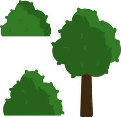 set of green bushes and trees, flat vector illustration