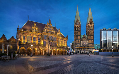 Bremen, Germany. Panorama of Market square at dusk with historic building of Town Hall and St...
