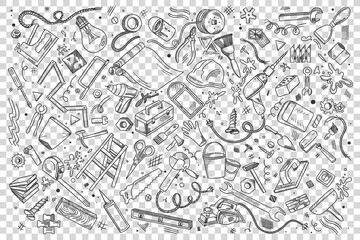 Repairs doodle set. Collection of hand drawn patterns sketches templates of working tools and instruments screwdriver drill spanner on transparent background. Maintenance equipment illustration.