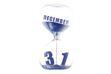 december 31st. Day 31of month,Hour glass and calendar concept. Sand glass on white background with calendar month and date. schedule and deadline winter month, day of the year concept
