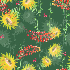 Fototapeta na wymiar Seamless watercolour sunflowers pattern. Yellow watercolor sunflowers. Autumn plant, rose, berry branch, currant, peony. Sunflower harvest. Sunflower oil. fabric, scarf, material