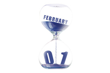 february 1st. Day 1 of month, Hour glass and calendar concept. Sand glass on white background with calendar month and date. schedule and deadline winter month, day of the year concept