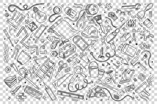 Repairs doodle set. Collection of hand drawn patterns sketches templates of working tools and instruments screwdriver drill spanner on transparent background. Maintenance equipment illustration.