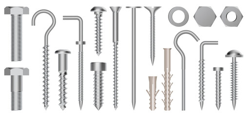Realistic 3d screws and bolts. Hardware stainless screws, bolts, screw, nuts and eye hooks, metal fixation gear isolated vector illustration set. Construction fasteners, hex cap nuts and twinfasts - obrazy, fototapety, plakaty