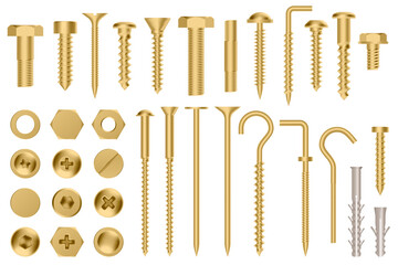 Realistic golden hardware. Construction gold metal hex cap nuts, 3d metal fixation gear, stainless screws and bolts vector illustration icons set. Eye hook, head fastener, metal rivet - obrazy, fototapety, plakaty