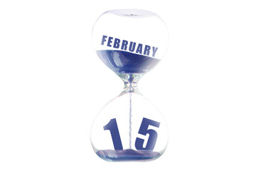 february 15th. Day 15 of month,Hour glass and calendar concept. Sand glass on white background with calendar month and date. schedule and deadline winter month, day of the year concept