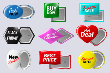 Realistic sale badges buttons. Special offer button badge, glossy colorful metal circle label isolated vector isolated icons set as special collection, hot deal, black friday and new arrival