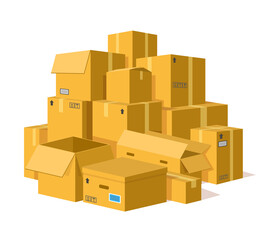 Cardboard boxes pile. Storage delivery cardboard boxes stack, pile of postal parcel package, carton sealed boxes vector illustration. Open and closed parcel with adhesive tape for shipping, relocation