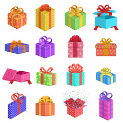 Gift boxes. Birthday present box, wedding or xmas holidays gift boxes, greeting surprise presents with ribbons isolated vector illustration set. Prize for giveaway, happy event celebration