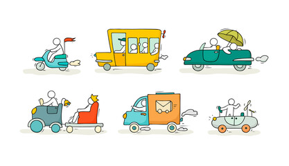Naklejka premium Sketch set with cute cars and people