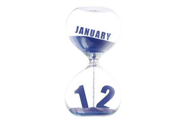 january 12th. Day 12 of month,Hour glass and calendar concept. Sand glass on white background with calendar month and date. schedule and deadline winter month, day of the year concept
