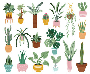 Fototapeta na wymiar Home potted plants. Houseplants in plant pots, flower potted plant, green leaves interior decoration isolated vector illustration icons set. Ceramic containers and vase with aloe, cactus