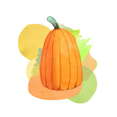 Watercolor illustration with orange pumpkin on a background of watercolor spots in autumn colors.

