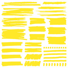 Yellow marker stroke. Highlight marker stroke lines, bright permanent marker sketch, doodle highlight marker lines vector illustration signs set. Scratch bright brushes, dotted line