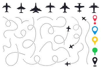 Plane route line. Planes dotted flight pathway, travel destination airplane track, planes and traveling routes vector illustration icons set. Dashed trace or line trail, map pins for location © WinWin