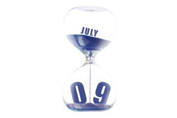 july 9th. Day 9 of month,Hour glass and calendar concept. Sand glass on white background with calendar month and date. schedule and deadline summer month, day of the year concept