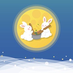 Mid-autumn festival, moon with clouds, cute rabbit making herbs on the moon, cartoon, illustration, vector