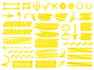 Hand drawn marker strokes. Yellow marker stroke lines, markers stripes and highlight elements, permanent marker signs vector illustration set as check marks, heart, arrow with various direction - obrazy, fototapety, plakaty