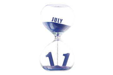 july 11th. Day 11 of month,Hour glass and calendar concept. Sand glass on white background with calendar month and date. schedule and deadline summer month, day of the year concept