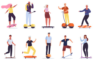 People with personal vehicles. Eco friendly transport devices, man and woman riding skateboard, kick scooter and segway vector illustration set. Young characters on balancing board, electric unicycle