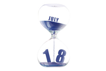 july 18th. Day 18 of month,Hour glass and calendar concept. Sand glass on white background with calendar month and date. schedule and deadline summer month, day of the year concept