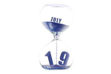 july 19th. Day 19 of month,Hour glass and calendar concept. Sand glass on white background with calendar month and date. schedule and deadline summer month, day of the year concept