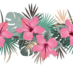 Seamless vector floral summer border with tropical palm leaves and hibiscus flowers. Perfect for wallpapers, web page backgrounds, surface textures, textile