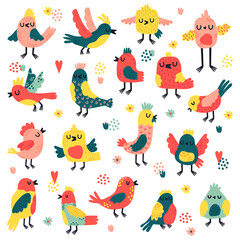 Doodle birds. Cute hand drawn birds, doodle colorful avifauna, lovely doves and sparrows, simple freehand birds vector illustration set. Characters with wings singing, flying and sitting