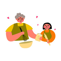 Grandmother and granddaughter cooking together. Illustration on white background. 