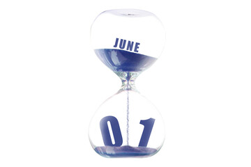 june 1st. Day 1 of month, Hour glass and calendar concept. Sand glass on white background with calendar month and date. schedule and deadline summer month, day of the year concept