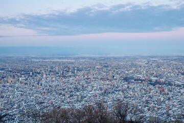 View from top of Mt. Moiwa in Sapporo city, Hokkaido, Japan during winter with night cityscape blur background.