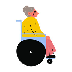 Old lady sitting in wheelchair. Illustration on white background. 