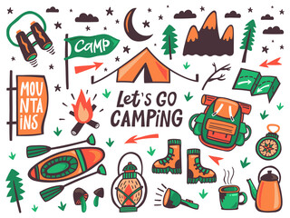 Camping outdoor elements. Summer camp, hiking recreation signs, kayak, backpack and tent, travel doodle equipment vector illustration icons set. Tourist tools binoculars, flashlight and compass