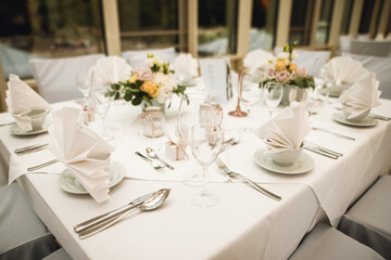 Side view of festive tables setting with wine glasses, and fresh flowers