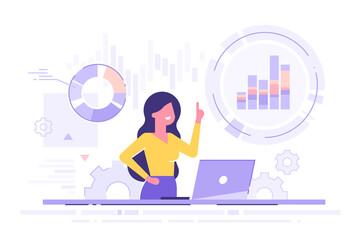 Cute businesswoman analyzing data on his laptop and holding up her index finger. Data science concept. Business charts and diagrams. Modern vector illustration.